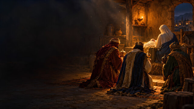 Candlelit Nativity Gathering with Dark Copy Space