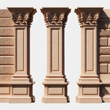 Classical stone columns with ornate Corinthian capitals stand against textured wall. Architectural elements feature decorative gypsum moldings, detailed carvings. Ancient building facades show