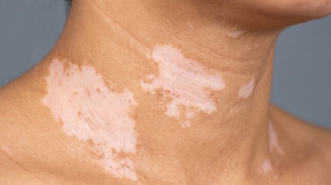 Close up of human neck and collarbone showing vitiligo pigmentation loss condition