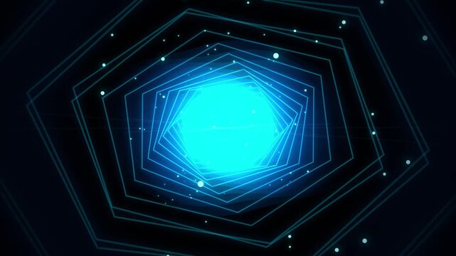 Abstract glowing cyan blue polygonal geometric tunnel flying forward with particles in space loop.