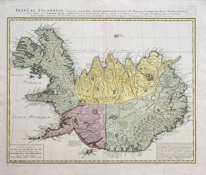 Old map of Iceland, Insulae Islandiae delineatio, old coloured copper engraving after T. H. Knopf, published by Homann Erben, 1761
