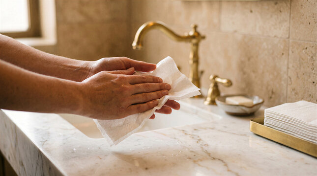 Person drying hands with a paper towel in a marble bathroom