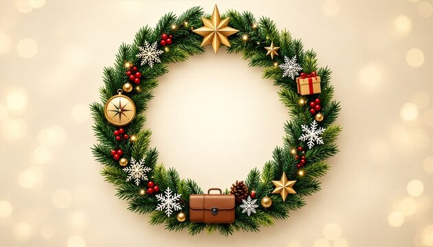 Christmas tourism wreath frame template with circular evergreen pine garland pinecones and red berries on light background illustration