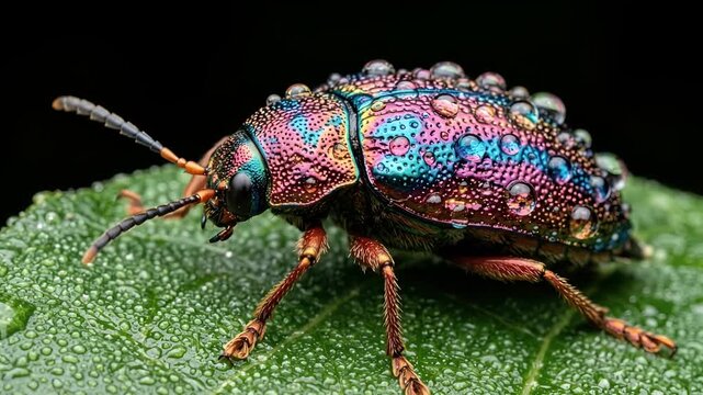Macro of Colorful Rainbow Jewel Beetle on Wet Leaf with Dew Drops