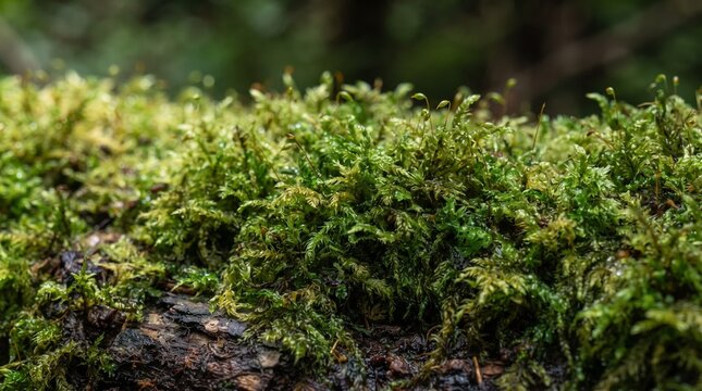 A close-up shot of lush green moss growing on a tree trunk, showcasing the intricate textures and vibrant color of this natural growth. The soft focus background hints at a forest environment