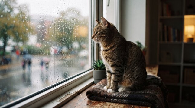 A tabby cat sits on a windowsill, looking out at a rainy day. The cat is looking to the right, with its body facing forward. The window is wet with rain.