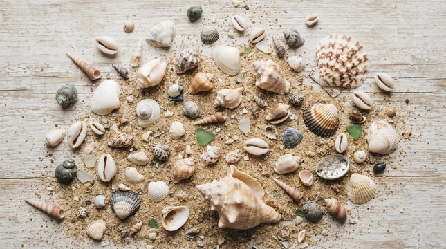 A collection of various seashells and small pebbles scattered on a weathered wooden surface. The shells are diverse in shape, size, and color, with sand adding texture to the composition