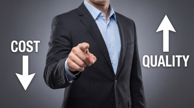Professional businessman pointing forward concerning cost reduction and high quality