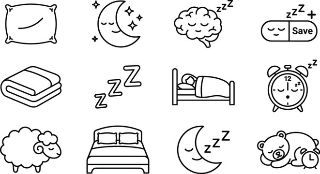 Healthy sleep habits and bedtime routine thin line icon collection featuring bed pillow moon alarm clock and sheep symbols