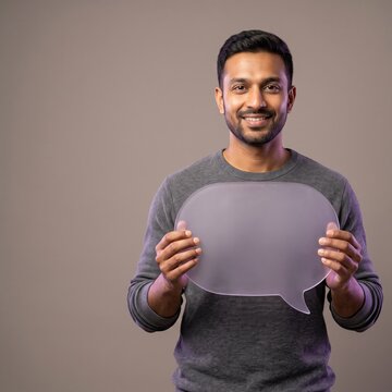 Smiling man holding blank speech bubble for communication and feedback concept, blank sign