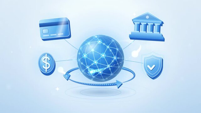 3D animation of a global online banking network globe connected to floating credit card, dollar coin, bank building, and security shield checkmark icons with rotating transaction arrows.