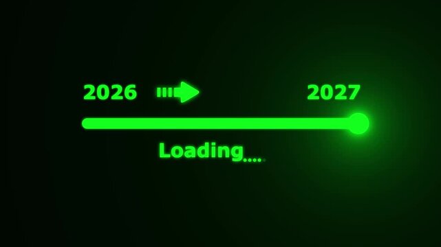 Loading bar transitioning from 2026 to 2027, play button icon, minimalist design. Loading bar transition between years 2026 and 2027 with play button.