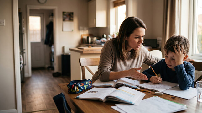 Mother talking to child about homework at kitchen table with concern and support