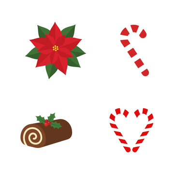 Christmas holiday symbols poinsettia, candy cane, yule log, and heartshaped candy cane