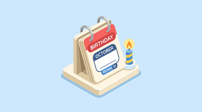 Isometric Desk Calendar Icon Showing October Birthday Reminder