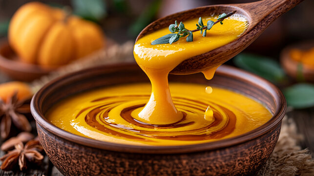 Creamy pumpkin soup being poured from a wooden spoon into a ceramic bowl with table