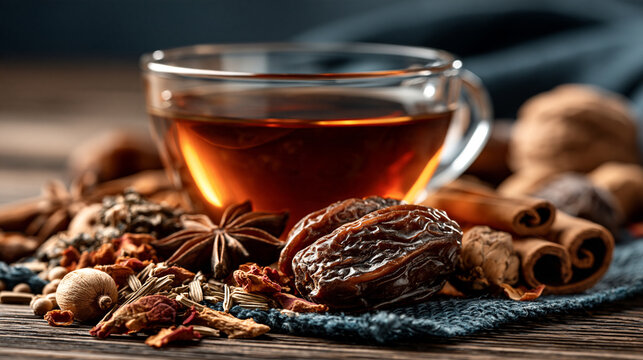 Warm spiced tea in a glass cup surrounded by aromatic cinnamon sticks and star anise