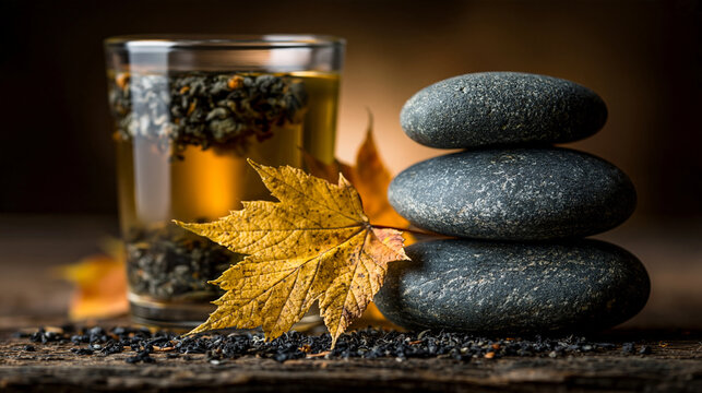 Zen composition of smooth grey stones and maple leaf near glass of herbal tea with hot drink