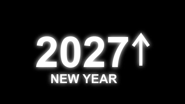 2027 New Year countdown arrow graphic animation. Animated 2027 New Year text with upward arrow on black background.