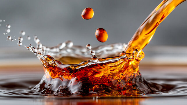 Dark roasted coffee pouring into cup creating dynamic splash and scattered beans