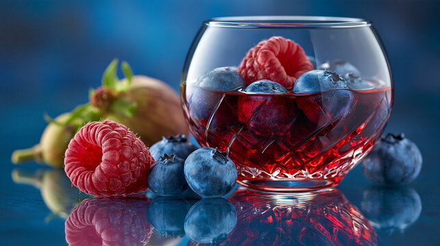 Glass of mixed berry juice garnished with fresh raspberries and blueberries