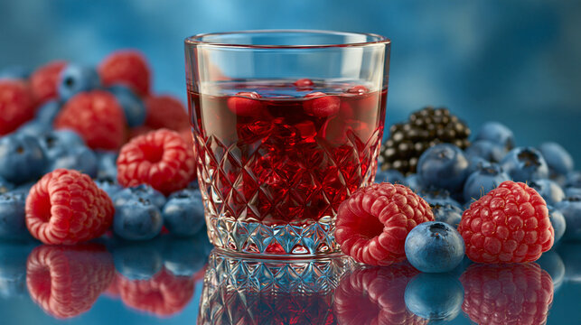 Short glass of berry juice surrounded by fresh raspberries and blueberries