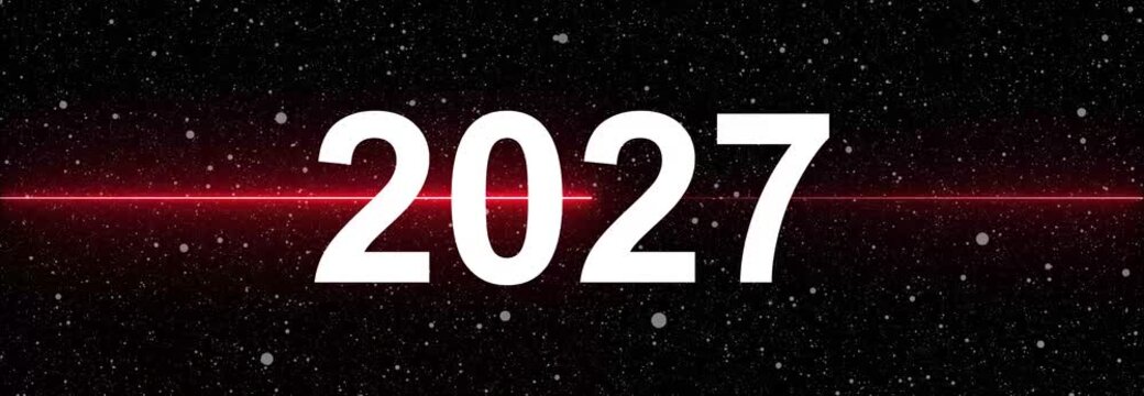 Glowing neon word of 2027 with goals icon on black background. 2027 concept of new year beginning, happy celebration, festival, new life, growth of business, investment, innovation.