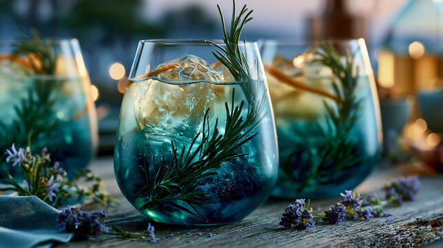 Blue cocktails garnished with fresh rosemary sprigs and ice in stemless glasses