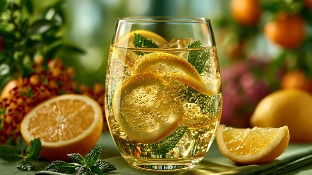 Refreshing citrus cocktail with ice cubes and fresh mint leaves in a glass