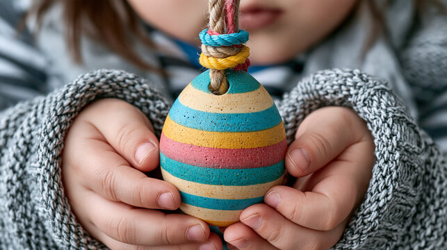 A small child holds a handmade colorful striped ornament in their hands with holding object