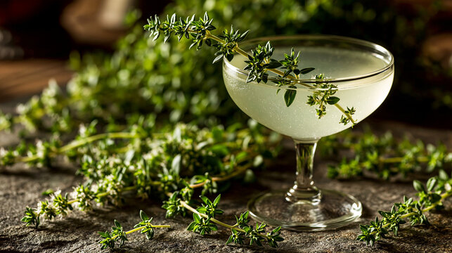 Elegant herbal cocktail served in a coupe glass garnished with fresh green thyme