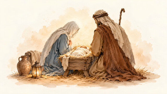 Watercolor Nativity Parents Kneel Beside a Straw Manger