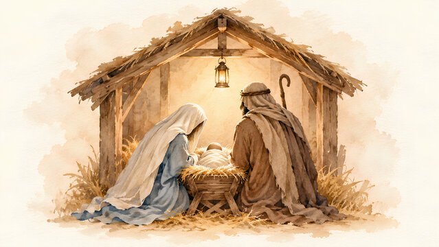 Watercolor Nativity Couple Kneels by a Rustic Stable Manger