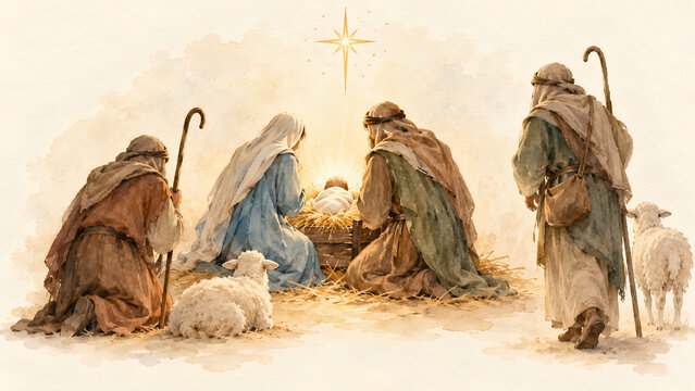 Watercolor Nativity Gathering with Sheep and Wooden Staffs