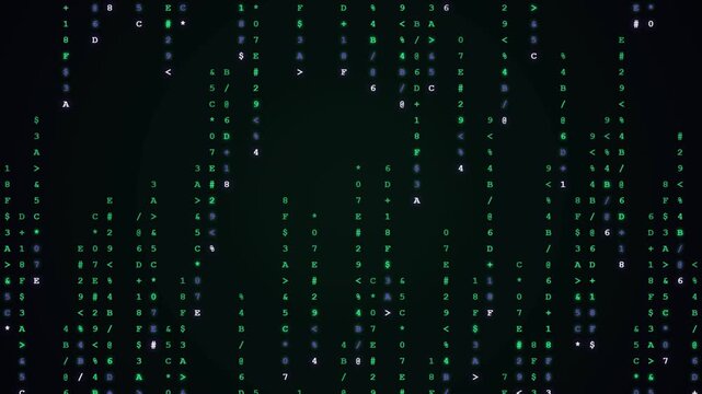 Digital matrix code rain with green and blue characters