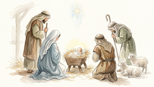 Kneeling Visitors and Sheep Gather Around a Nativity Manger