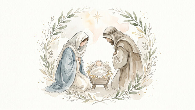 Delicate Nativity Family Within a Leafy Wreath