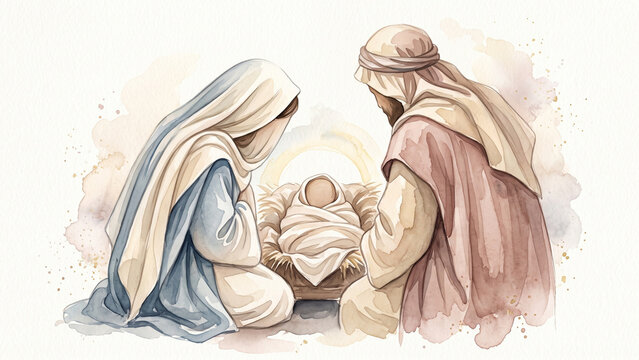 Watercolor Nativity Parents Kneel Beside a Swaddled Baby
