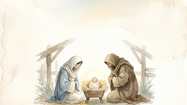 Watercolor Nativity Parents Kneeling Under a Wooden Shelter