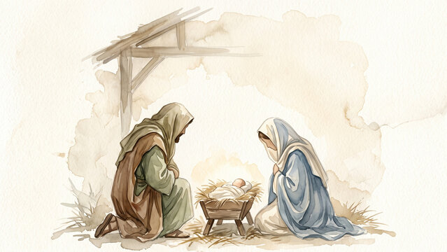 Watercolor Nativity Parents Kneel Beneath a Rustic Roof