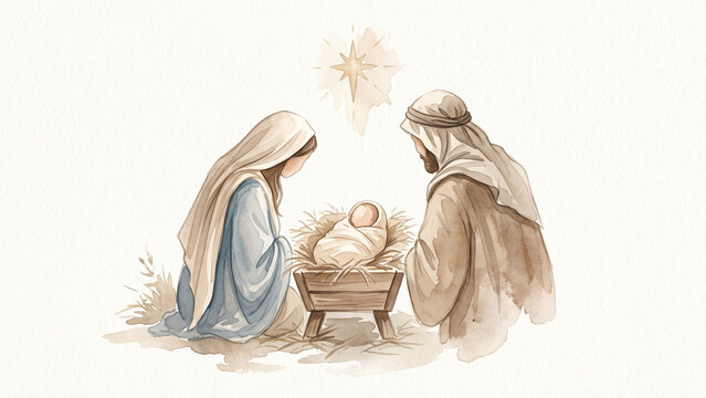 Watercolor Nativity Couple Admires a Baby Beneath a Star