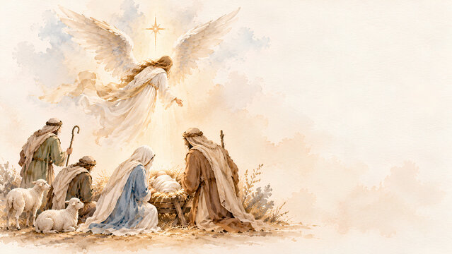 Watercolor Nativity with Flying Angel, Visitors and Sheep