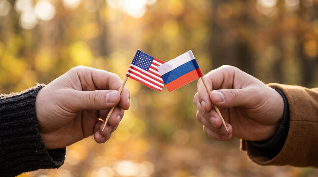 hands of people hold small crossed symbols of the usa and russia on a golden autumn background in a park reflecting diplomatic contact and searches for a solution to global contradictions