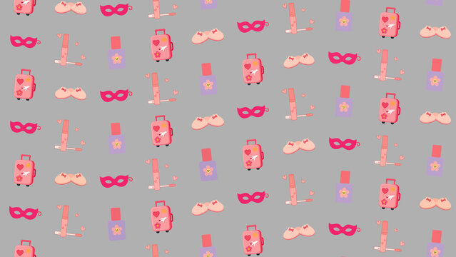 Pink travel and beauty pattern with suitcases and makeup