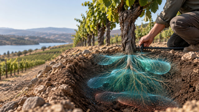 Contextual Spatial Map of Vineyard Root Water Profile across Hillside Soil