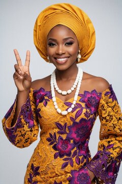 Beautiful young African woman wears colorful Nigerian traditional attire, yellow gele headtie. Smiles, makes peace sign with hand. Gorgeous black lady poses in ethnic lace dress with beads, jewelry