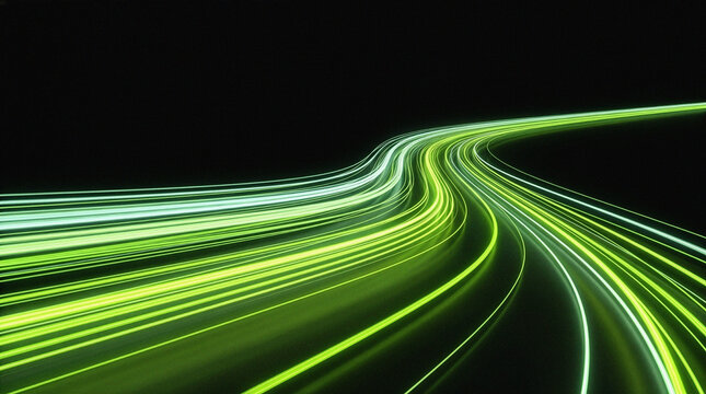 Bright green light trails flowing on a dark background, digital speed