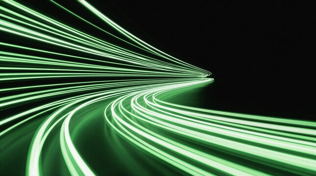 Bright green light trails flowing on a dark background, digital speed
