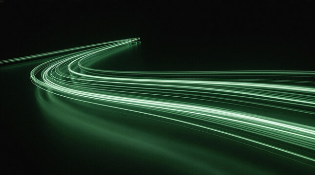 Bright green light trails flowing on a dark background, digital speed