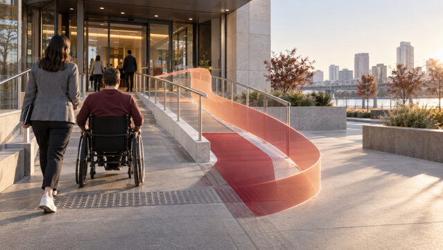 Contextual Spatial Map Showing Wheelchair Route Slope Accessibility in City Plaza
